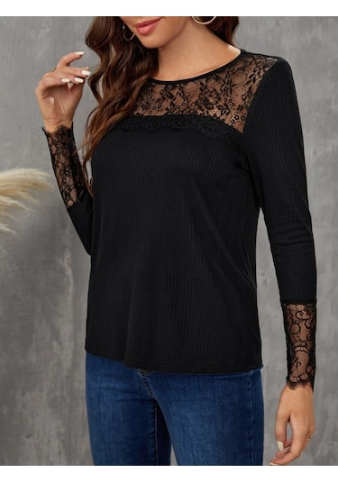 Tua Moda Kadın Uzun Kollu Bisiklet Yaka Dantel Detaylı Burgu Bluz Siyah