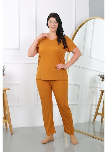Akbeniz Kadın Büyük Beden Kısa Kol Penye Pijama Takımı Hardal 202405-hardal Hardal