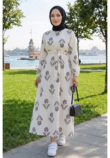 Bestenur Mayra Desenli Keten Elbise 1717 - Siyah