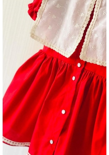 Dantel Detaylı Fisto Yaka Kırmızı Kız Çocuk Bebek Elbise 001