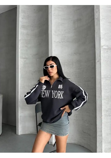 Yarım Fermuarlı Newyork Yazılı Sweat Antrasit