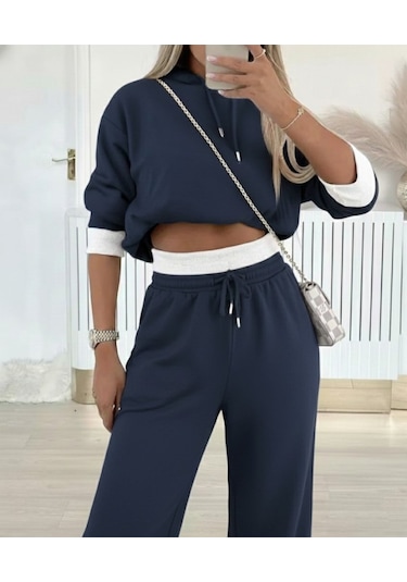 S-pazarım Kadın Uzun Kollu Kapşonlu Viskon Iki Iplik Füme Bluz Ve Pantolon Ikili Takım Gri