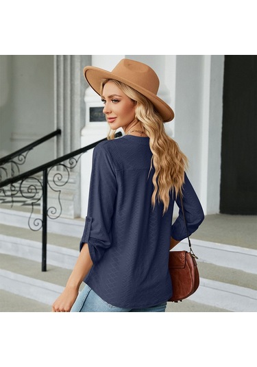 Sones Düz Renk Jakarlı V Yaka Düğmeli Üç Çeyrek Kol Bol Tişört Üst Lacivert
