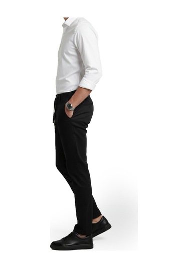 Deepsea Siyah Esnek Kumaş Slim Fit Beli Lastikli Günlük Spor Pantolon 2601070 Siyah