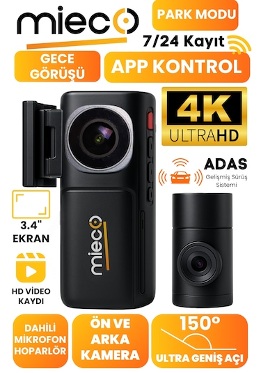 Mieco A7 4K UHD /  Wifi / ADAS / 150° Ultra Geniş Açı / Gece Görüşü /  Ön + Arka Araç Kamerası (2025) + Hafıza Kartı