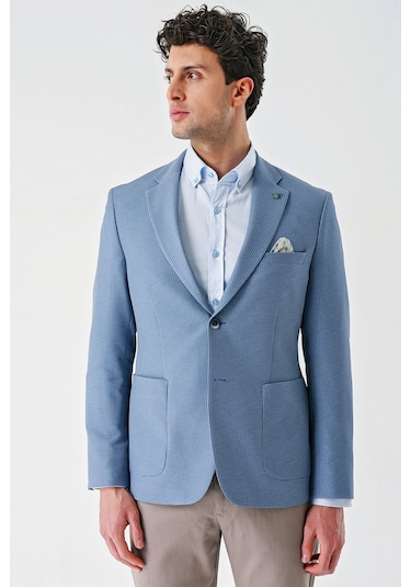 Örme Mono Yaka Çift Yırtmaç Likralı 6 Drop Slim Fit Dar Kesim Klasik Ceket 1002240138 - Açık Mavi