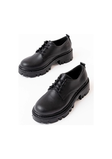 Siyah Bağcıklı Günlük Yüksek Tabanlı Loafer Ayakkabı Siyah