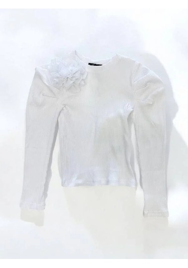Kız Çocuk Kol Detaylı Çiçekli Fitilli Bluz-14802 Beyaz