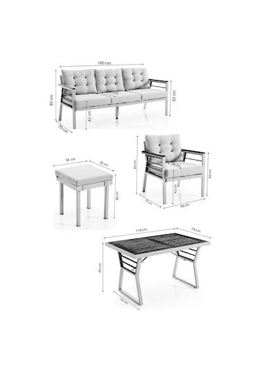 Lara Metal Puflu Bahçe Balkon Takımı 3+1+1+Ahşap Masa Cappuccino