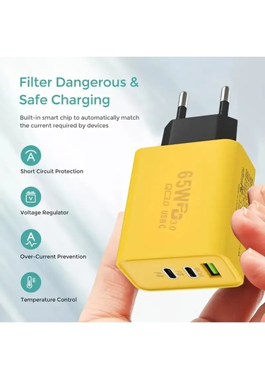 Dofolink 65w Hızlı Şarj Cihazı, 1u+2pd Çoklu Usb-c/usb Port, Avrupa Standartı, İphone Ve Android Uyumlu, Sarı