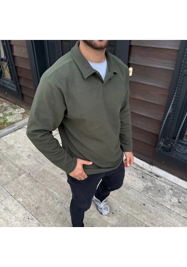 Erkek Fitilli Polar Sweatshirt Düğmesiz Polo Yaka, Oversize Rahat Kalıp, Kalın Polar Kumaş, Kışlık Haki