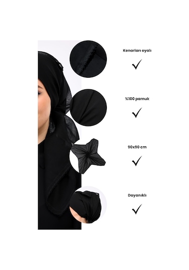 İç Başörtüsü %100 Pamuklu Siyah Tülbent - Kenarları Oyalı 90x90 Cm Kadın Tesettür Yazma Başörtü Siyah