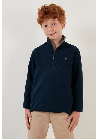 Lela Yumuşak Dokulu Fermuarlı Dik Yaka Şardonlu Kışlık Unisex Çocuk Polar 5905002 Lacivert