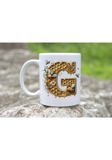 G Harfi Bal Arısı Tasarım Kupa Bardak - Bal Ve Petek Desenli Kişiye Özel Kahve Kupası - Hediyelik Beyaz
