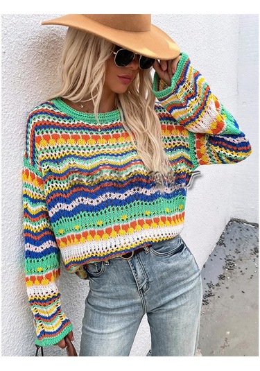 Kadın Gökkuşağı Bisiklet Yaka Çizgili Örgü Kazak Kazak Uzun Kollu Günlük Gevşek Büyük Boy Üstler Yeşil
