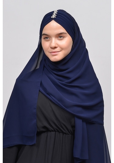 Altobeh Zarif Taşlı Drapeli Hazır Pratik Şifon Kadın Tesettür Şal - Lacivert