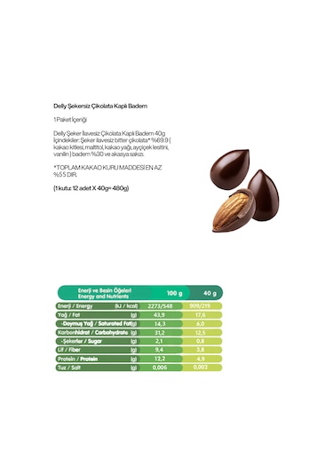 Delly Şeker İlavesiz Bitter Çikolata Kaplı Badem 12 x 40 G