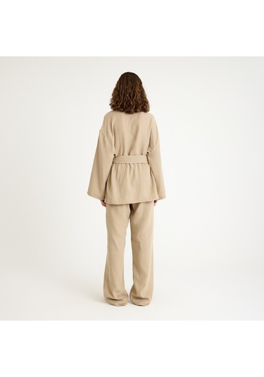 %100 Pamuklu Dokuma Şal Yaka Müslin Kimono-pantolon Alt Üst Takım Bej