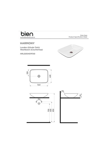 Bien HRLG05401FD0W5000 Harmony Gövde Üstü Lavabo 54 CM