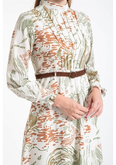 Hasır Örgü Kemer Detaylı Desenli Emprime Elbise Haki-haki Haki