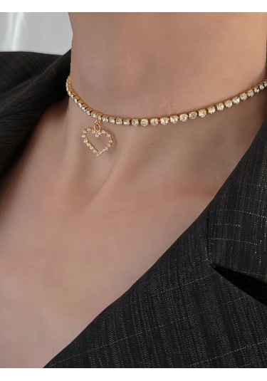 Tek Sıralı Kalp Figürlü Kristal Taşlı Choker Tasma Silver Gold Kolye Altın