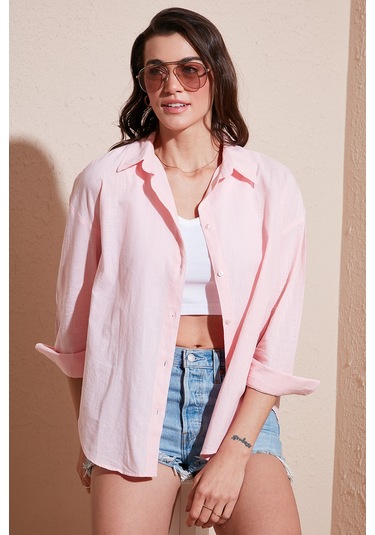Lela Pamuklu Regular Fit Uzun Kollu Düz Bayan Gömlek Cf25S168305 Açık Pembe