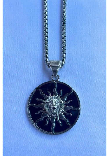 Aslanlı Güneş Tanrısı El İşçiliği Paslanmaz Çelik Zincir Erkek Kolye Gümüş