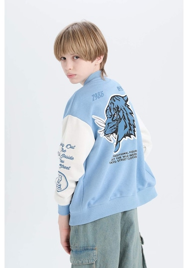 Defacto Erkek Çocuk Baskılı Kolej Yaka Bomber Hırka D9832a825spbe316 Mavi