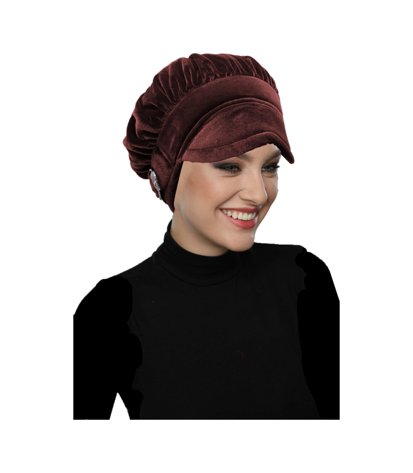 Kadife Şapka Toka Detaylı Kahve Hazır Türban Tesettür Bone Kahve