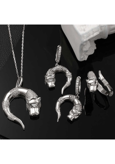 Blackcraft 925 Ayar Gümüş Kaplan Figürlü Kadın Set Bc-430b39 Beyaz