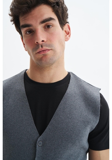 Arma Erkek Slim Fit Triko Yelek Pamuk Pima Cotton Düğmeli, V Yaka, Basic Stil K9kro0853 Gri