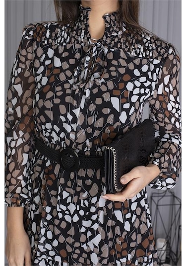 Neşeli Butik Kadın Kemerli Yeni Sezon Midi Boy Desenli Şifon Elbise Apcx04 Çok Renkli