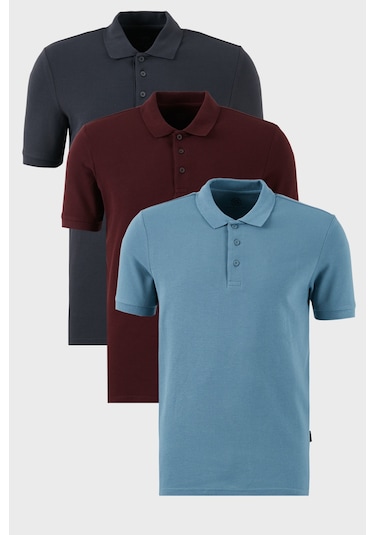 Buratti Pamuklu Regular Fit Düğmeli Polo Yaka 3'Lü Paket Erkek T Shirt 5902127S3 Vişne-Antrasit-Mavi