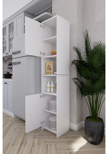 Fella 6 Raflı Çok Amaçlı Dekoratif Mutfak Dolabı Beyaz Beyaz
