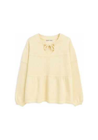 6950 Kadın Yakası Bağcıklı Pileli Triko Kazak Sarı Sarı