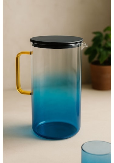 Qerhome Borosilikat Cam Sürahi Takımı 4 Bardaklı Bluora Bardaklı Sürahi 2100 Ml & 300 Ml