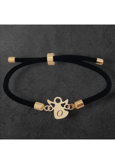 O Harfine Özel Örgü İpli 14 Ayar Altın Plakalı Mevlana Motifli Hediye Bileklik-319harf-siyah Altın