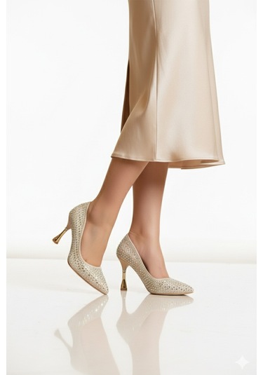 Altın Taş İşlemeli İnce Topuklu Kadın Abiye Ayakkabı Pc-55020 Z Altın