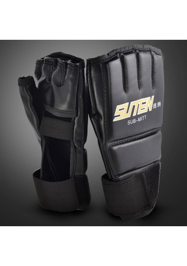 1 Çift Mma Muay Thai Eğitimi Delme Yarım Parmak Eldiveni Müsabaka Boks Eldiveni Siyah