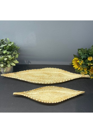 Dekoratif Polyester Ikili Uzun Yaprak Sunumluk Krem Gold Eskitme
