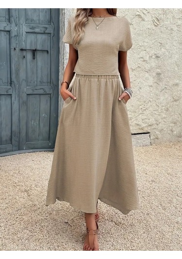 The İstanbul Kadın Kısa Kollu Bisiklet Yaka Bluz Etekli Ithal Keten Ikili Takım Bej