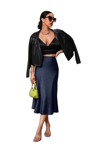 Kadın Saten Kalça Balık Etek Koyu Mavi