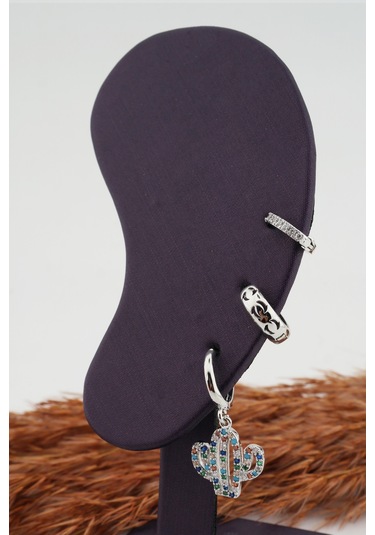 Kadın Kararmaz Altın Kaplama Kaktüs Figürlü 3'Lü Zirkon Set Küp Gümüş-M