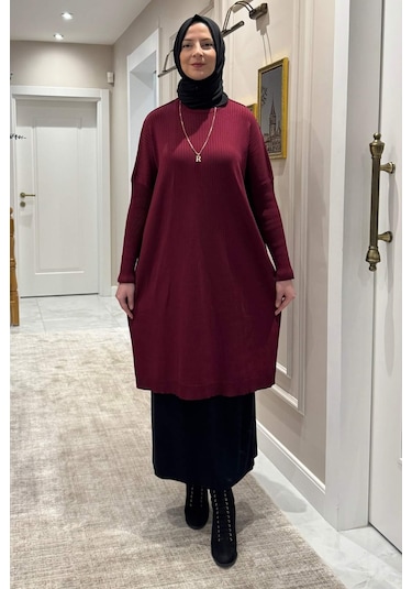 Rabia Şamlı Dora Triko Tunik Bordo Çok Renkli