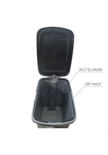 Saplı Pedallı Kapaklı Kare Dikdörtgen Köşe Mutfak Ofis Ev İşyeri Çöp Atık Kovası Kabı Kutusu Gri - Siyah