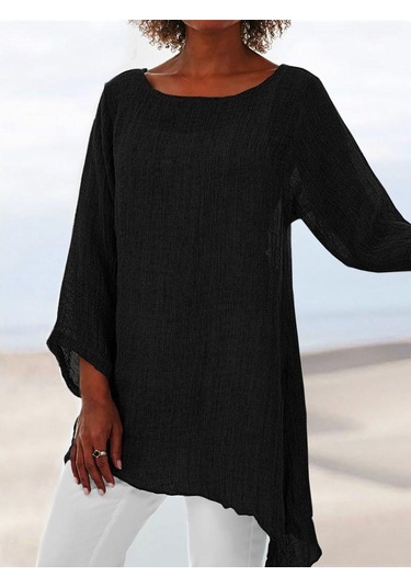 Siyah Kadın Pamuklu Ve Keten Düz Renk Günlük Gömlek Düzensiz Uzun Kollu Tişört Siyah