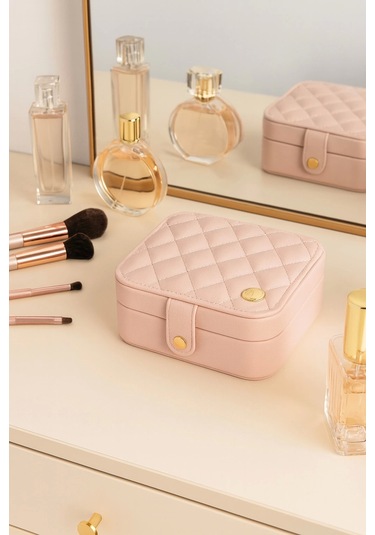 Deri Mini Baklava Desenli Seyahat Takı Bijuteri Mücevher Kutusu Organizer Düzenleyici 11,5cm Pembe İ