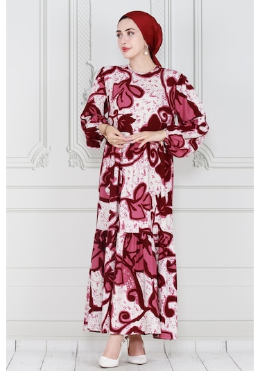 Sevitli Kuşaklı Lilyum Viscon Elbise-bordo-3999-bordo Bordo