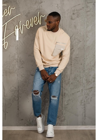 Oversize 3 İplik Bisiklet Yaka Torba Cepli İçi Polarlı Basic Sweatshirt 001