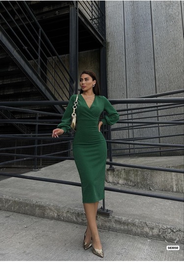 Kadın Kruvaze Yaka Balon Kol Simli Krep Kumaş Midi Boy Elbise Yeşil